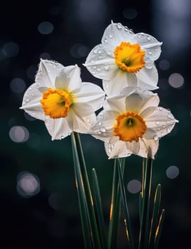 White daffodils in rain drops in a spring garden. The beauty of nature