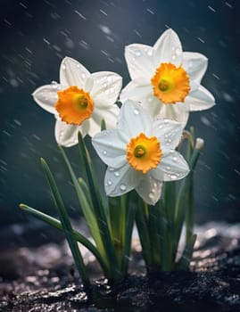 White daffodils in rain drops in a spring garden. The beauty of nature