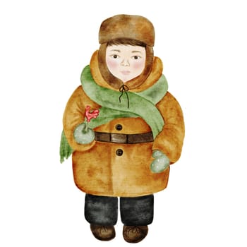 Boy with a lollipop watercolor illustration on white background. Cute baby in a fur coat with a shawl and an ushanka hat in folk style. Isolate a child with candy. Valenki and a red rooster. Children Maslennitsa. Shrovetide postcard design is wide