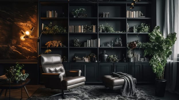 Modern black living room. Modern interior design, furniture store. AI