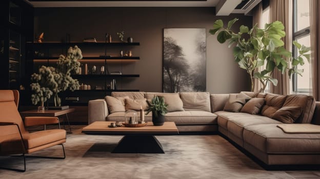 Modern sofa in focus and blurred living room design at background. Modern interior design, furniture store. AI