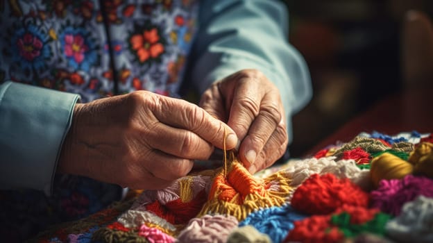 Old hands. Close up of wrinkled tired fingers and hands doing knitting. Handmade skills. AI