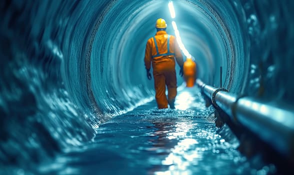 A worker walks in a round tunnel through water. Selective soft focus.