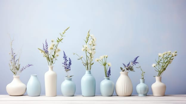 Soft home decor for interior. Light background with flower vases AI