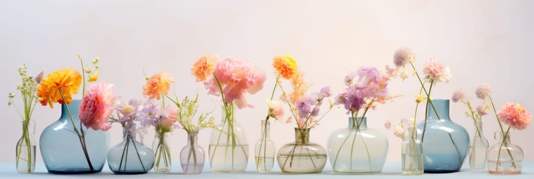 Soft home decor for interior. Light background with flower vases. Wide format banner AI