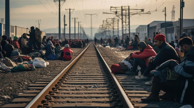 Migrants waiting for clearance at customs on the railway tracks, defocused AI