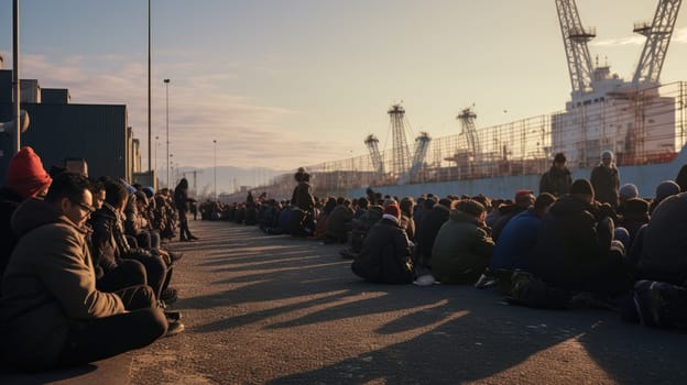 Migrants waiting for clearance at customs, defocused AI