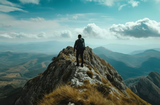 A solitary explorer stands atop a rugged peak, surveying the vast mountain range and the sweeping valleys below under a dynamic sky