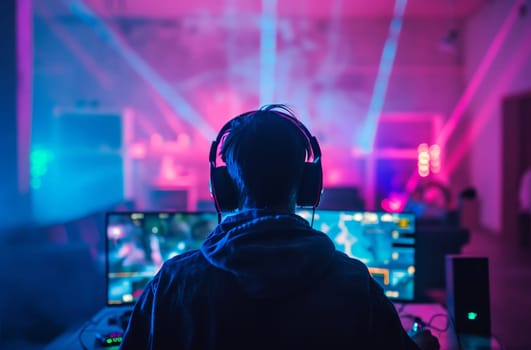 A person wearing headphones sits in front of a computer, engrossed in work or study