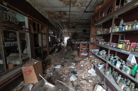 Interior of an abandoned store, with remnants of products on shelves, decaying amidst dust and debris, a silent testament to a bygone commercial era