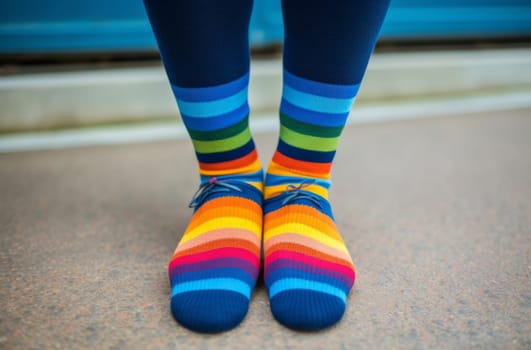 A photo of a person wearing a pair of multicolored socks that add a pop of color to their outfit