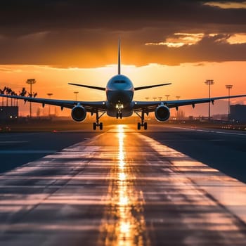 A stunning photo capturing a large jetliner gracefully soaring through the colorful sunset sky above a runway