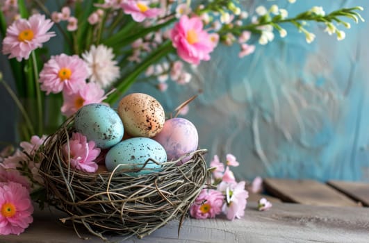 A photograph showcasing a birds nest filled with eggs placed delicately on top of a rustic wooden table