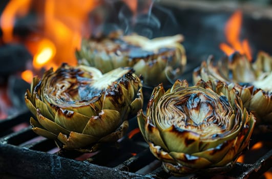 Delicious artichokes being cooked to perfection on a grill, ready to be enjoyed