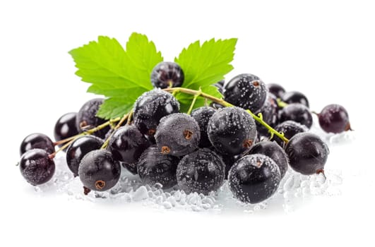 An assortment of black berries neatly stacked with a solitary leaf balanced on the stack