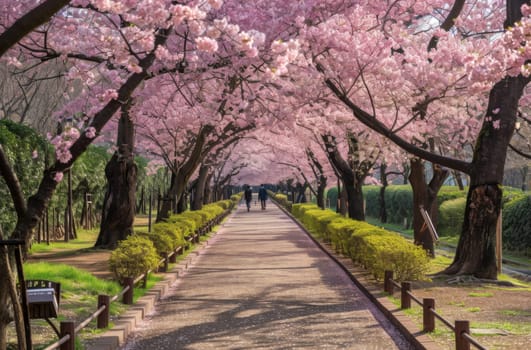 A serene park pathway adorned with an abundance of pink flowers leading the way for a leisurely stroll