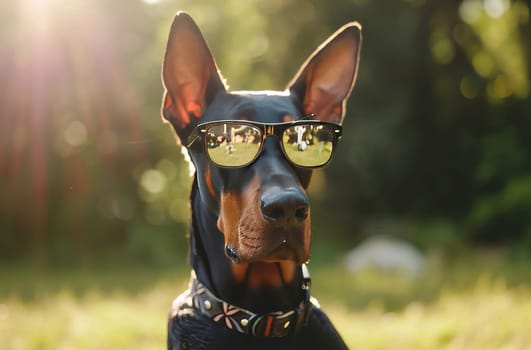 A doberman dog looking cool and stylish on a sunny day as it dons a pair of sunglasses
