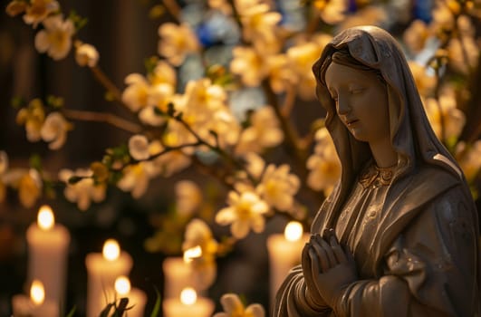 A serene, ethereal image of a statue of the Virgin Mary exuding tranquility amidst a collection of lit candles