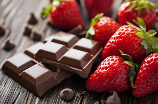 A mouthwatering composition of ripe strawberries paired with rich, indulgent chocolate on a rustic wooden table