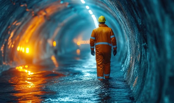 A worker walks in a round tunnel through water. Selective soft focus.