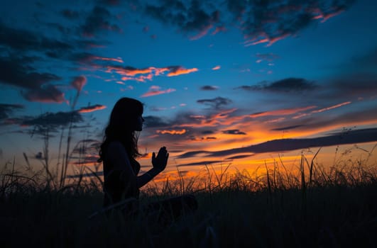 A captivating photo of a woman peacefully kneeling in a field at sunset, immersed in the tranquility of the moment