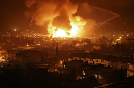 A devastating fire consumes an entire city, illuminating the night sky with a fierce glow and billowing smoke