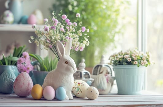 An adorable white rabbit perches on top of a table amidst a beautiful arrangement of flowers