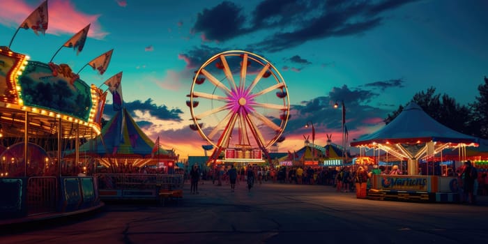 A lively carnival at dusk, Ferris wheel lights against the twilight sky, happy faces of families enjoying rides and games. Resplendent.