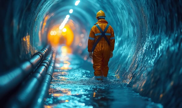 A worker walks in a round tunnel through water. Selective soft focus.