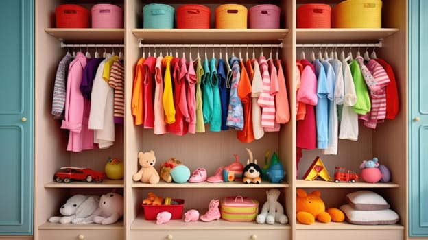 Children's wardrobe with various bright clothes for babies. Motherhood, cleaning home kids wardrobe. AI