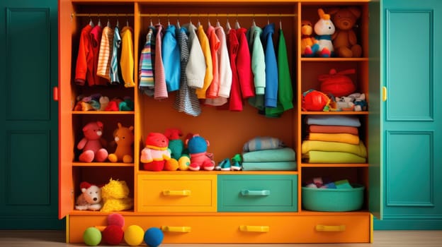 Children's wardrobe with various bright clothes for babies. Motherhood, cleaning home kids wardrobe. AI