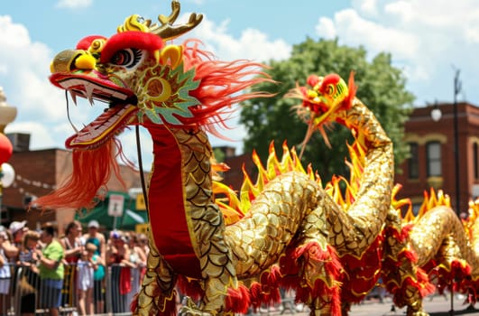 A golden dragon with vibrant red details captivates onlookers in a daylight parade, symbolizing cultural heritage with its elaborate design and dynamic movement