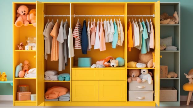 Children's wardrobe with various bright clothes for babies. Motherhood, cleaning home kids wardrobe. AI