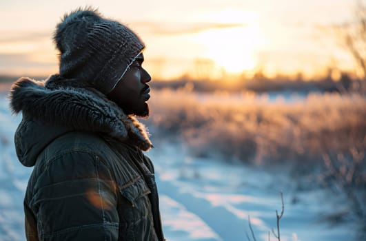 A person braving the snowy weather while wearing a hat