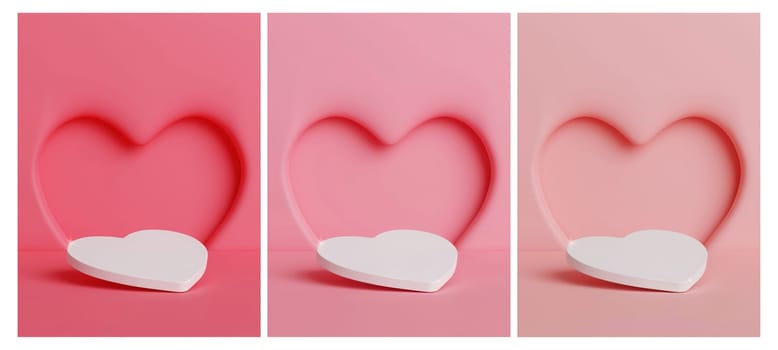 Set of pink, Pedestal podium heart shape, background with window heart on wall. Valentine minimal scene mockup products showcase, Promotion display. 3D rendering illustration.