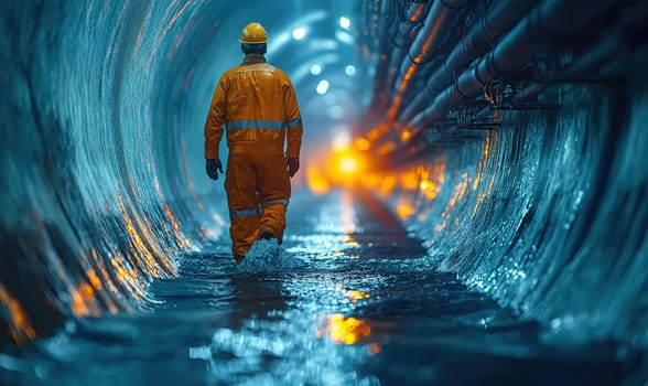 A worker walks in a round tunnel through water. Selective soft focus.