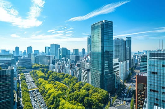 A breathtaking cityscape of Tokyo's business district under clear blue skies, showcasing a mix of modern high-rises and lush greenery