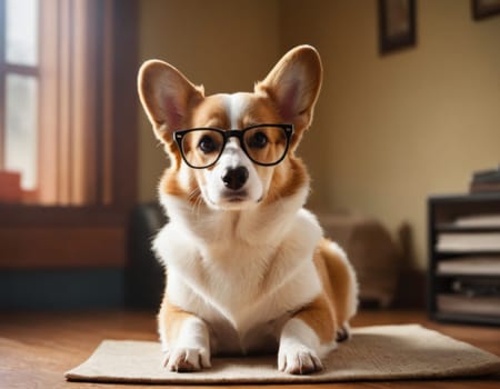 Portrait of a teacher's corgi wearing glasses. AI generation