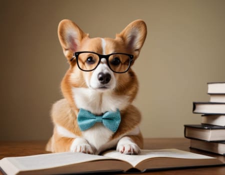 Portrait of a teacher's corgi wearing glasses. AI generation