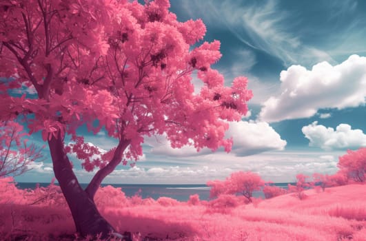 A vivid infrared landscape with magenta foliage under a pastel sky, creating a dreamlike scene along the coastal horizon