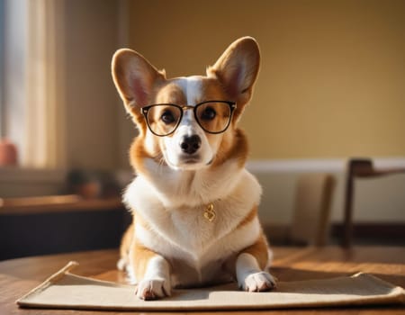 Portrait of a teacher's corgi wearing glasses. AI generation
