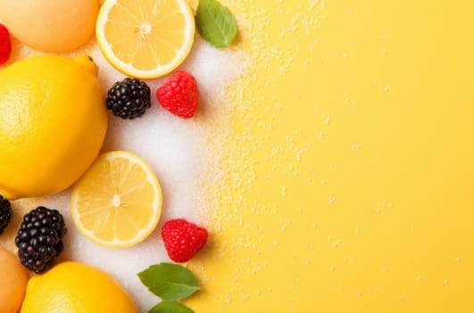 A vibrant photo showcasing a variety of lemons, raspberries, and limes placed on a bright yellow surface