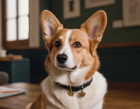 Portrait of a teacher's corgi in the classroom. AI generation