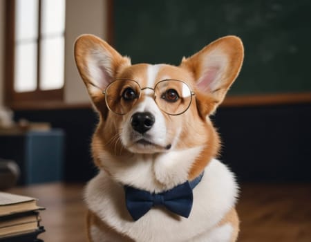 Portrait of a teacher's corgi wearing glasses. AI generation
