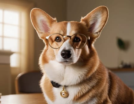 Portrait of a teacher's corgi wearing glasses. AI generation