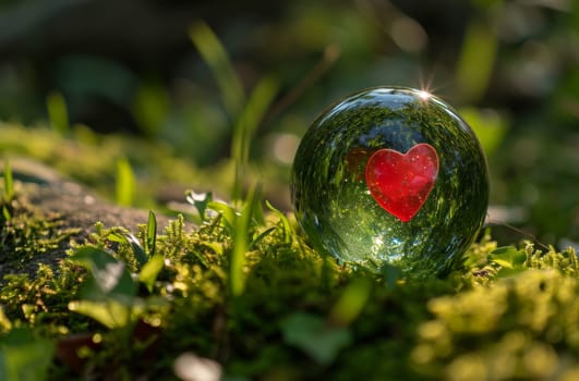 A transparent glass ball with a red heart painted on its surface