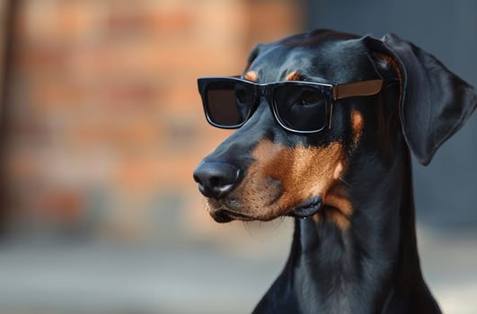 This photo captures a black and brown dog with sunglasses precariously balanced on its head