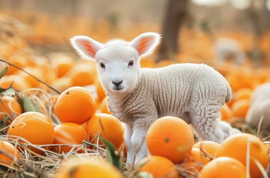 A curious lamb finds himself in a picturesque field of vibrant oranges on a sunny day