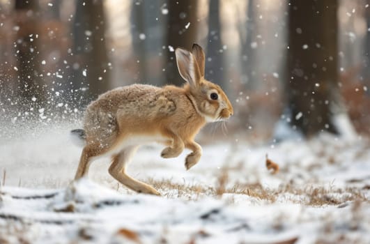 A rabbit dashes through the snow-covered forest, leaving tracks in its wake