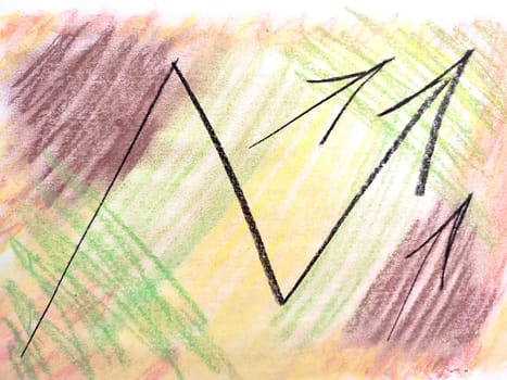 Abstract background, fine drawn texture with multicolored randomly shaded spots and arrow. Frame, place for text, copy space. Red, Brown, Green, Yellow